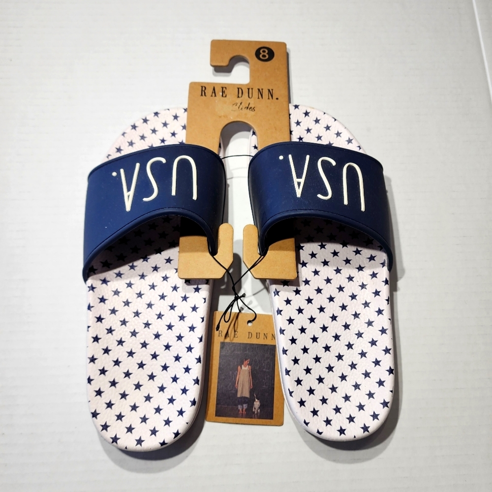 Rae Dunn USA Slides Sandals White W/Navy Stars Patriotic Size 8 Women's …